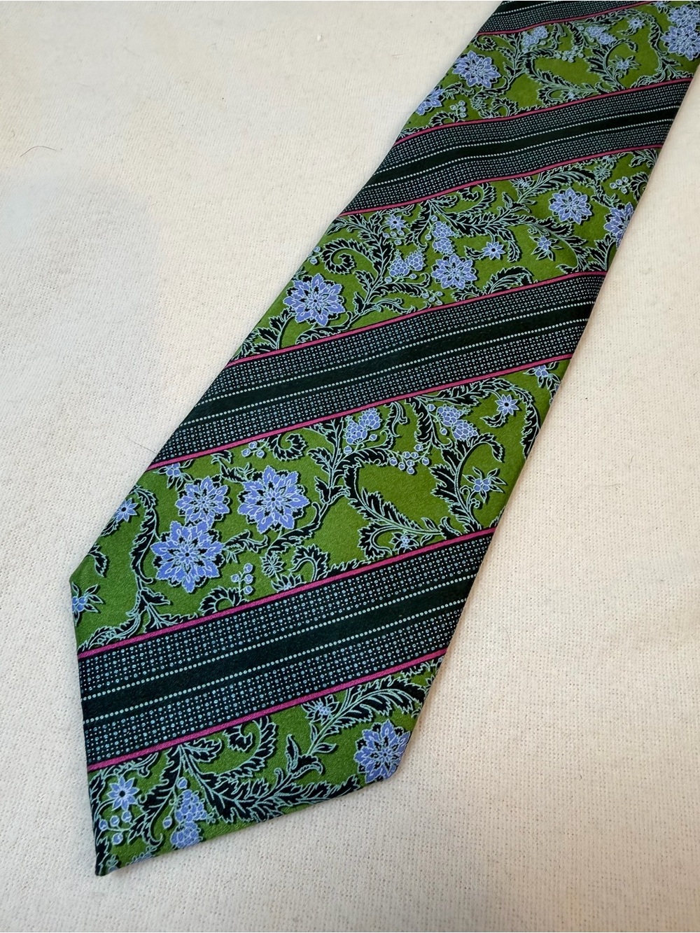 Ermenegildo Zegna Green Tie with Blue Floral and Black Stripes